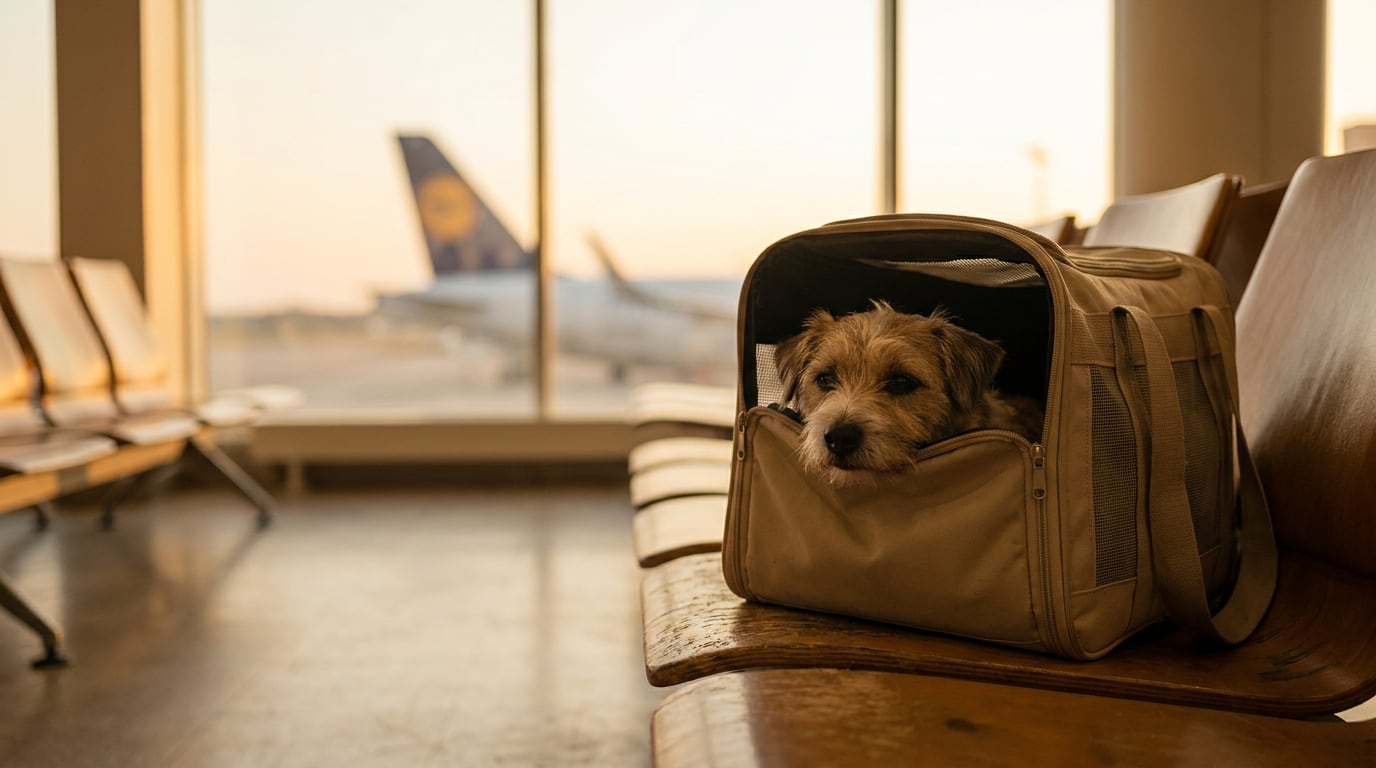 Perro pequeño dentro de un transportín de tela beige sobre una banca de sala de espera de aeropuerto, con un avión desenfocado al fondo.