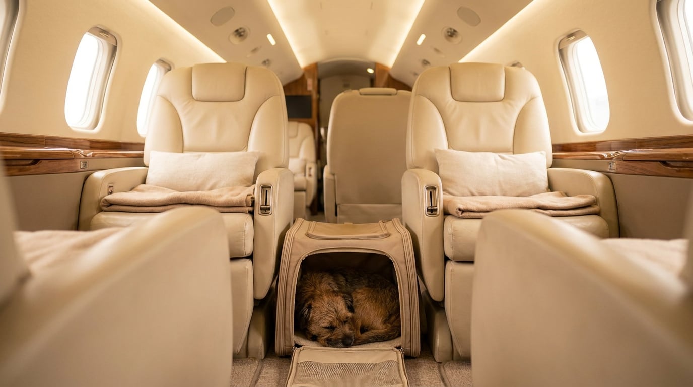 Perro café descansando dentro de un transportín de tela beige colocado bajo el asiento de un avión.