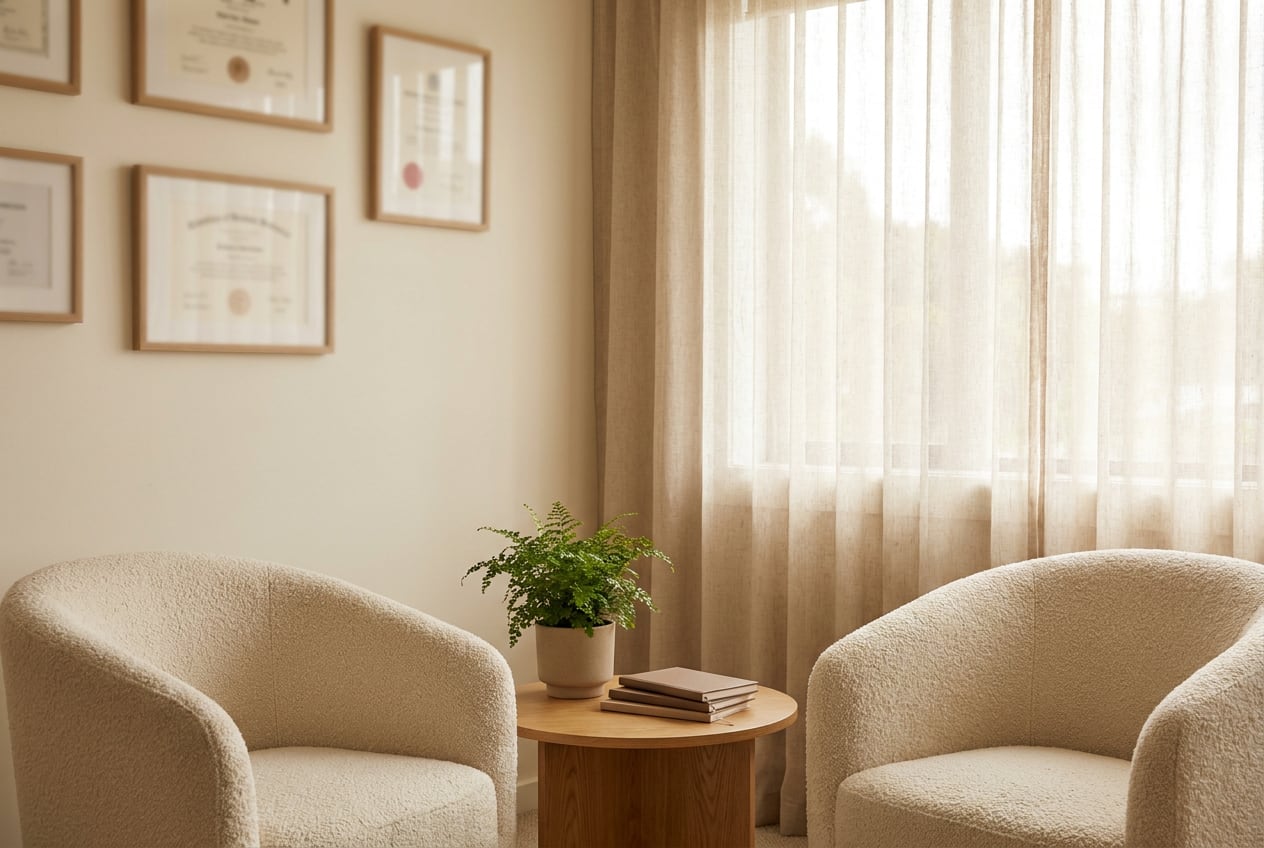Consultorio de psiquiatría con dos sillones color crema frente a frente, una mesa de madera con una planta y luz natural suave a través de cortinas de lino.
