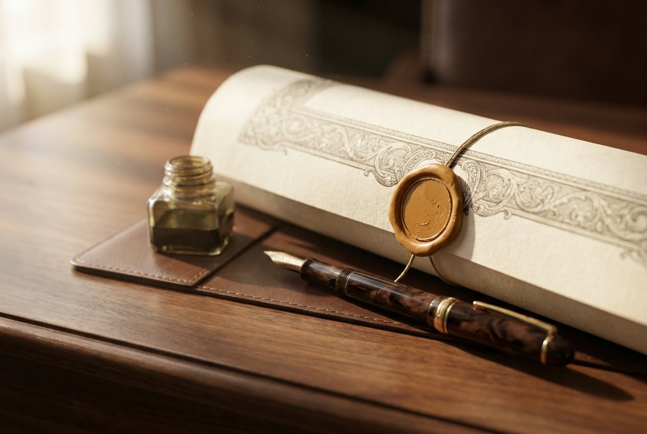 Documento en papel pergamino con borde grabado y sello de cera ocre, junto a una pluma fuente sobre un escritorio de madera.