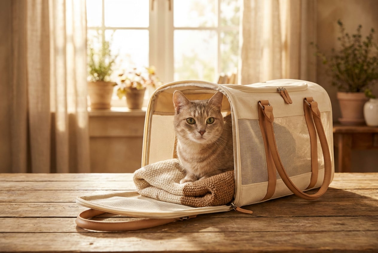 Gato atigrado beige sentado con calma dentro de un transportín de tela crema abierto, sobre un piso de madera con luz de mañana.