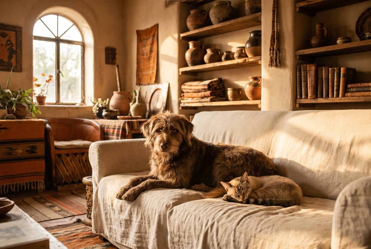 Perro café recostado en un sofá de lino crema con un gato atigrado dormido a su costado, en una sala con luz de tarde.