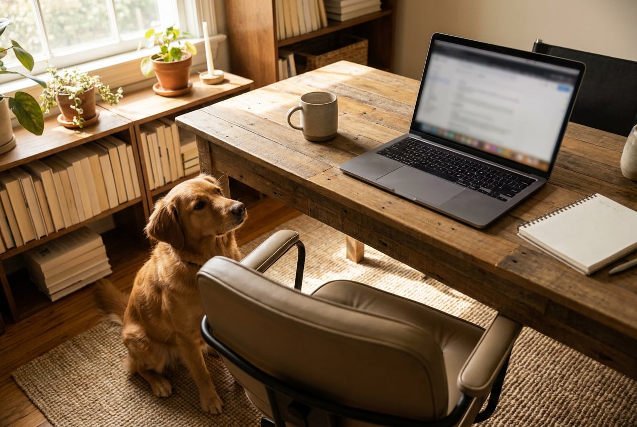 Laptop abierta sobre un escritorio de madera con un perro café sentado junto a la silla, en una oficina en casa con luz cálida.