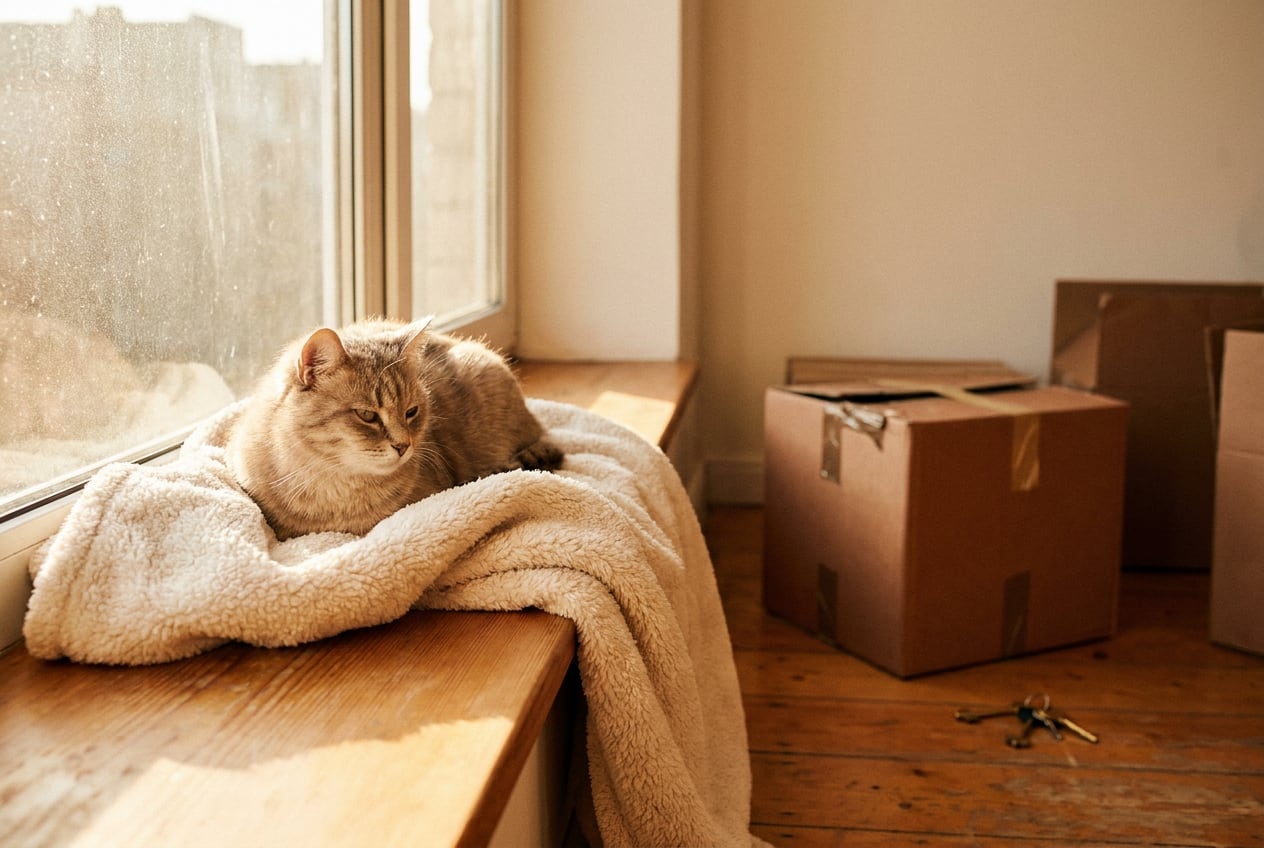 Gato atigrado en un departamento recién rentado, con cajas de mudanza y unas llaves al fondo.
